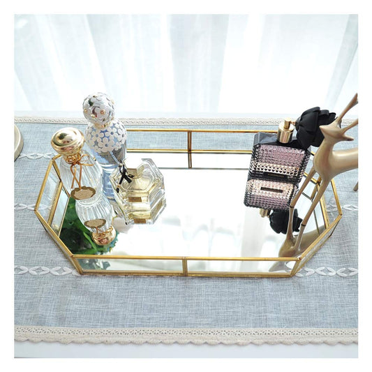 Gold Glass Mirrored Tray, Polygon Metal Decorative Tray Jewelry Perfume Organizer Makeup Tray for Vanity, Dresser, Bathroom, Bedroom (Large)