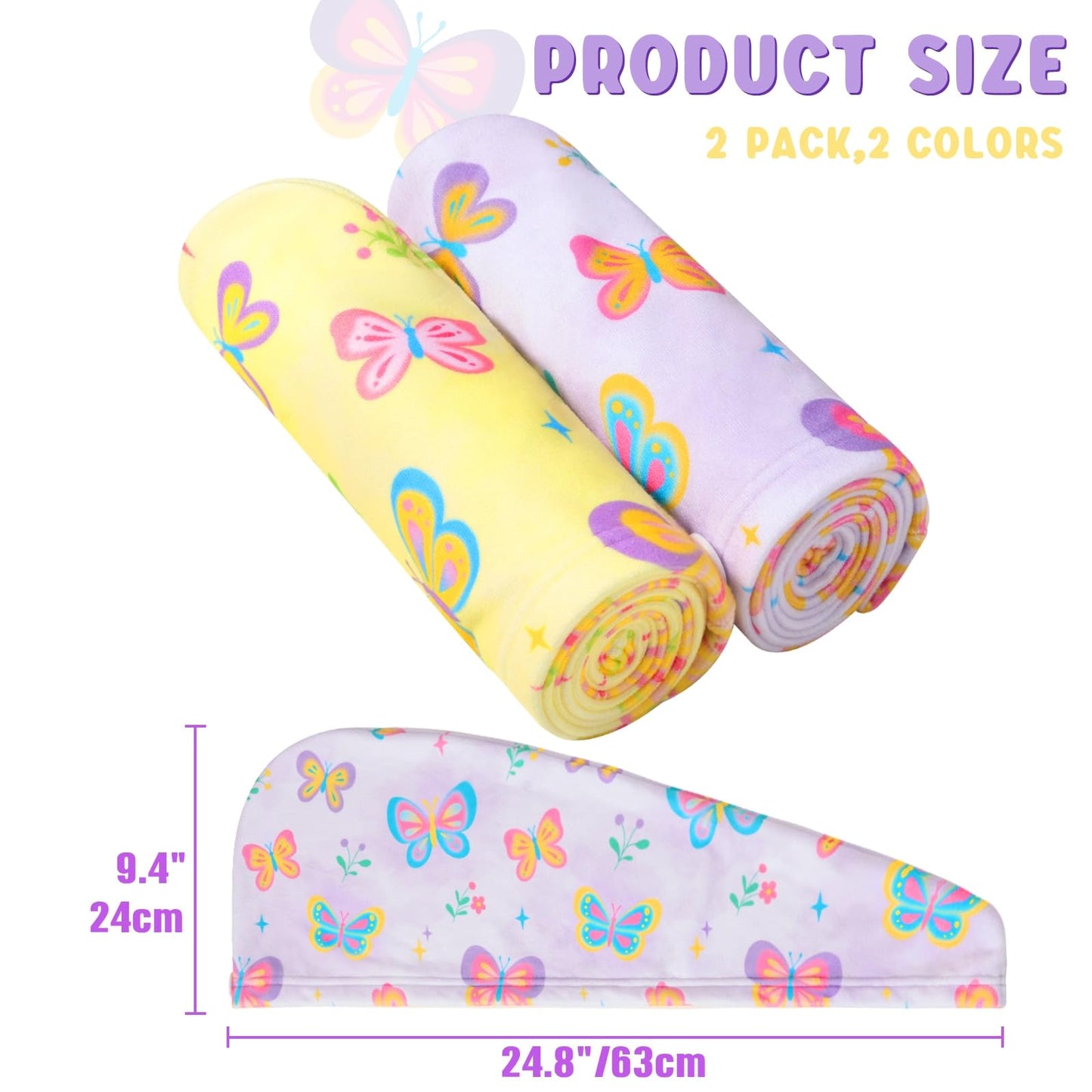 WAWSAM 2 Pack Kids Hair Towel Wrap for Girls, Microfibre Hair Turban Towel Fast Drying, Butterfly Hair Towel Wrap with Elastic Strap for Long Hair