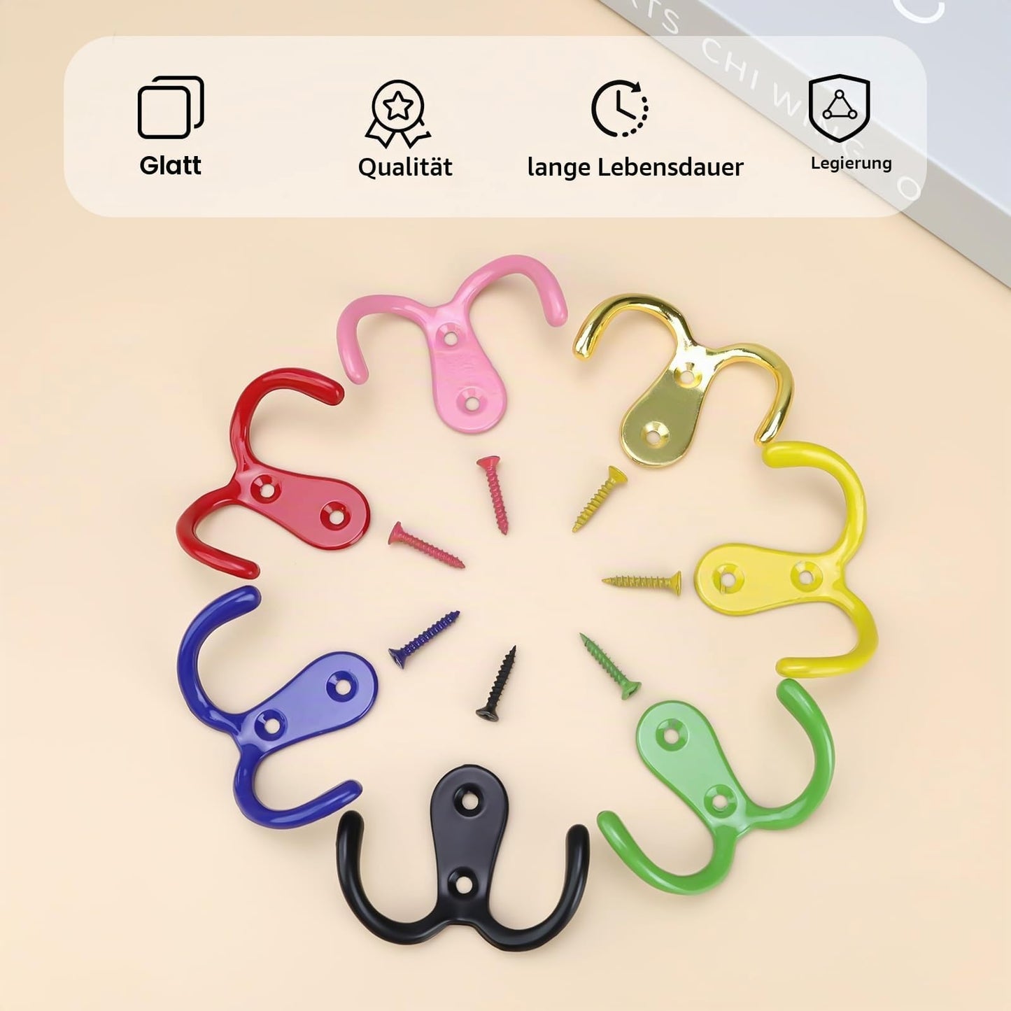 ZIJANG 7 Colorful Double Coat Hooks, Zinc Alloy Wall Hook (with Screws), Electroplated Coat Pegs, Suitable for Bedrooms, Bathrooms and Kitchens