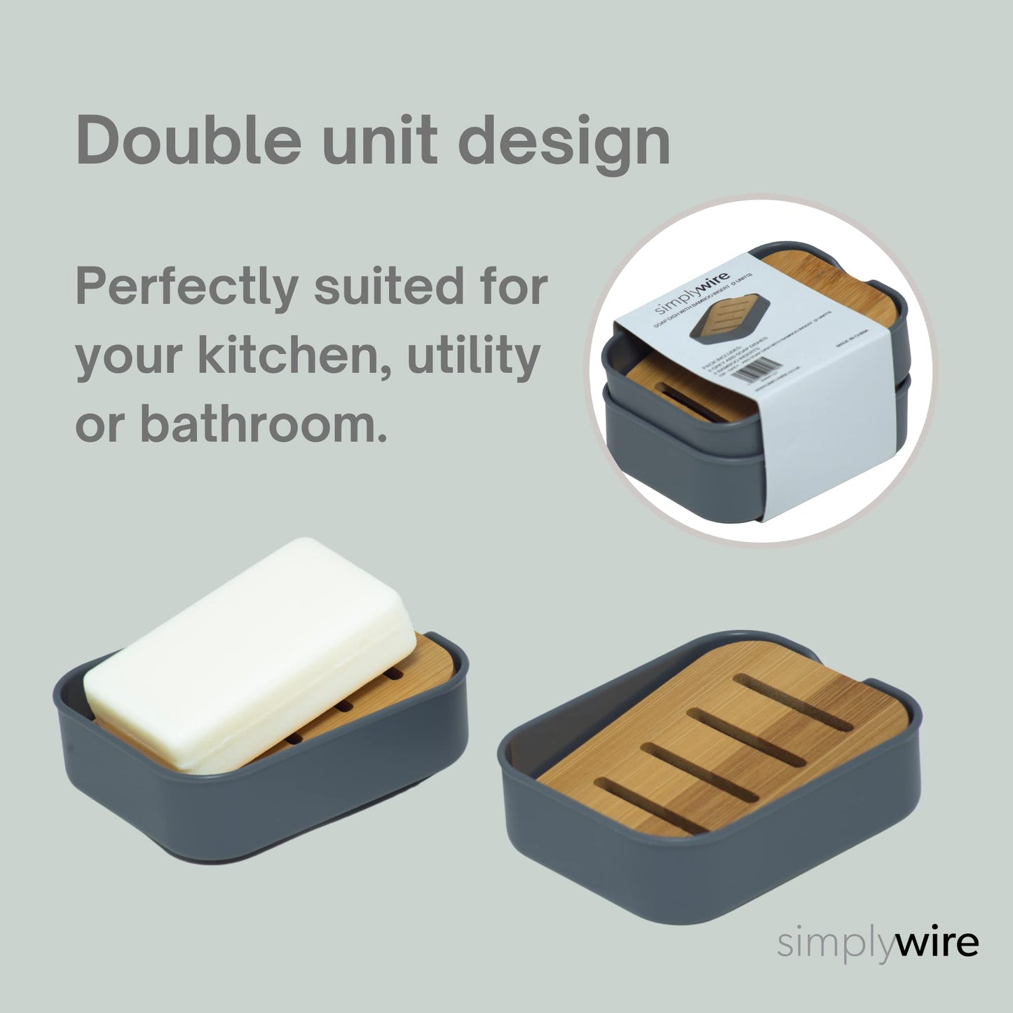 simplywire – Pack of 2 – Plastic Soap Dishes – Grey