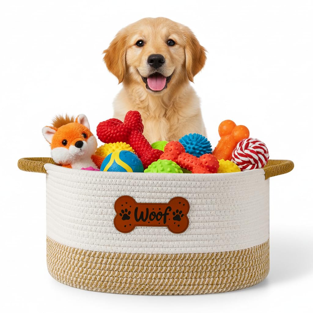 Tidelit Large Dog Toy Basket Box Bin, Woven Storage Baskets for Dog Cat, Cotton Rope Toys Storage Basket for Dogs Cats Bed Toys Accessories Organizer