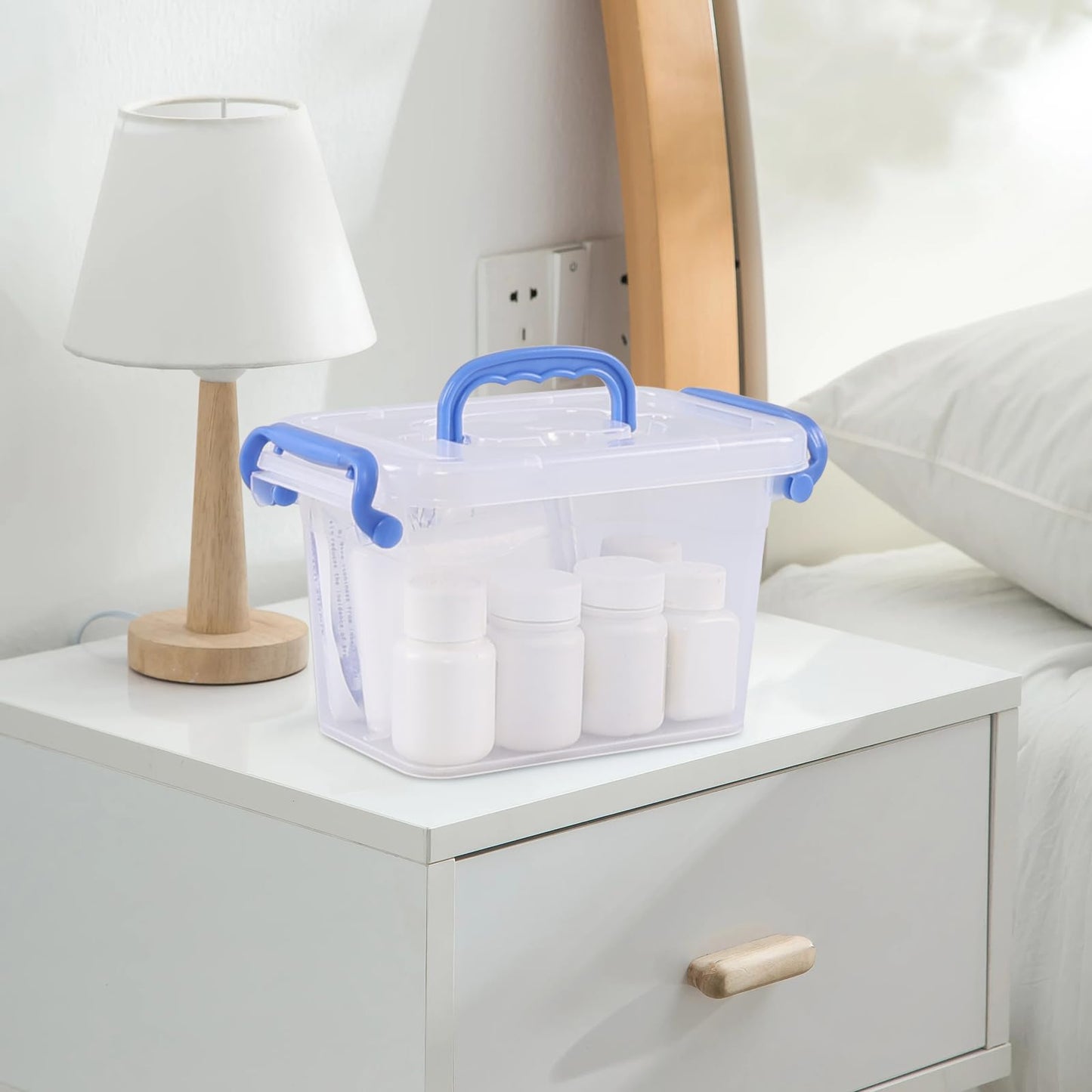 Lasbily 6 Packs 1.5 L Plastic Storage Boxes with Lid, Small Clear Stackable Box for Shelves, Stationery, Desk Supplies