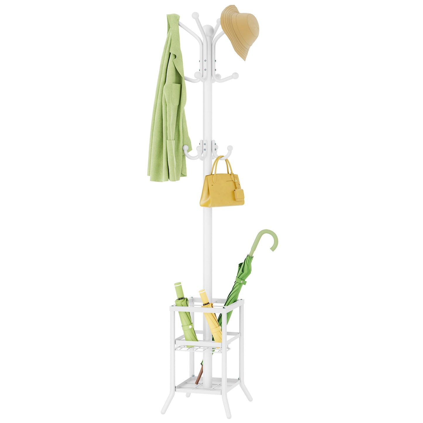 FAVOOSTY Coat Stand Coat Rack with 12 Hooks, Free standing Clothes Clothing Rack with Umbrella Holder, Hats