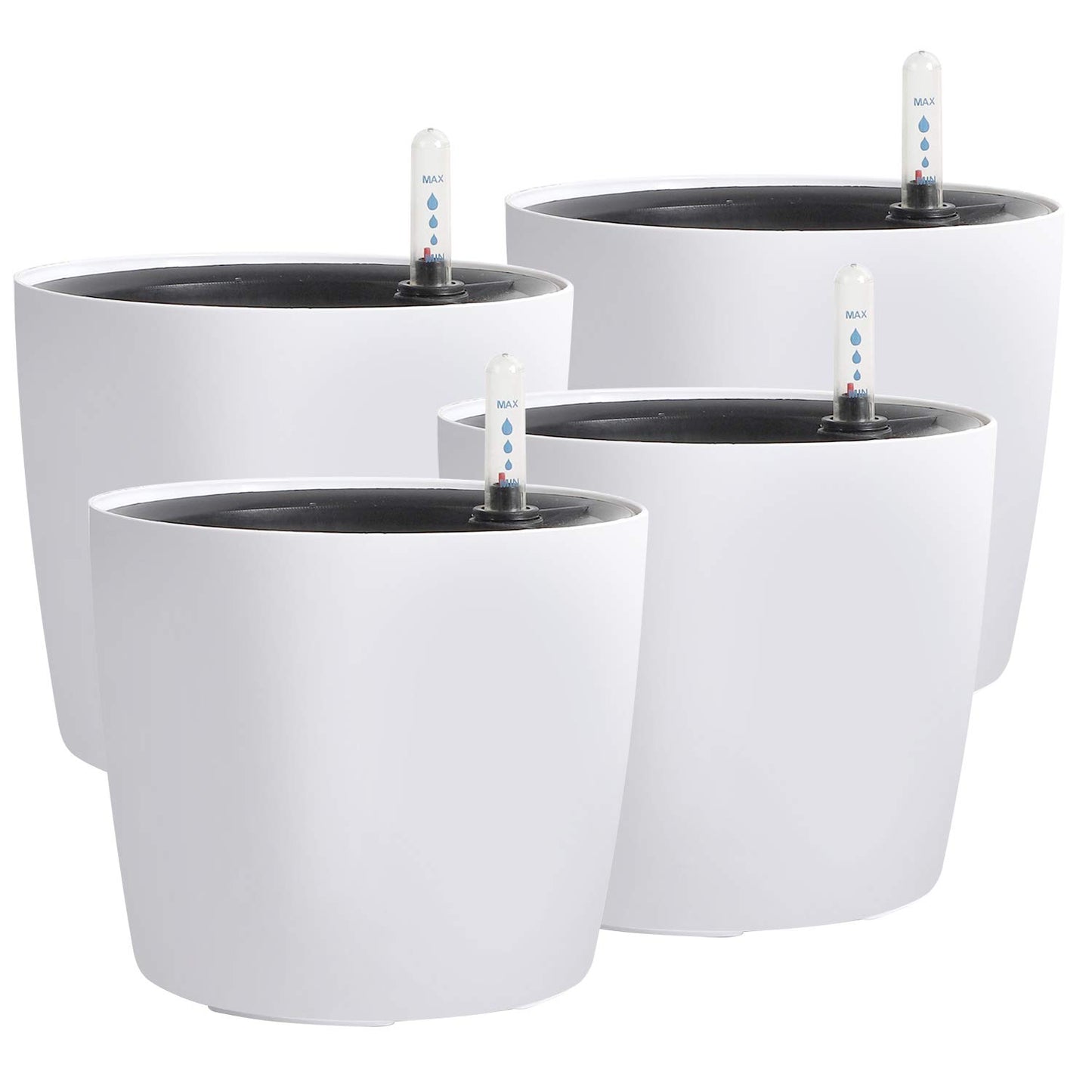 KINJOEK 4 Packs 7 Inch Self Watering Planter with Water Level Indicator, Modern Garden Decorative White Flower Pot for House Plants, Flowers, African