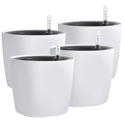 KINJOEK 4 Packs 7 Inch Self Watering Planter with Water Level Indicator, Modern Garden Decorative White Flower Pot for House Plants, Flowers, African