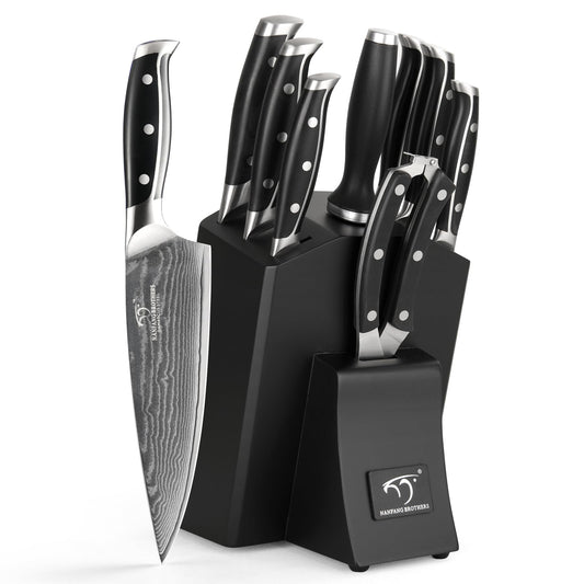 NANFANG BROTHERS 9 Pieces Kitchen Knife Set Sharpening for Chef's Knife Set with Block, Damascus Professional Knife for Kitchen Knife with Sharpener