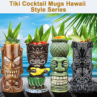 Tiki Mugs Glasses Mug for Cocktails Set of 4 Large Ceramic Tropical Cups Hawaiian Party Creative Cocktail Glass Drinks Bar Drinkware Premium Tropical Exotic Cute Barware 4 Packs