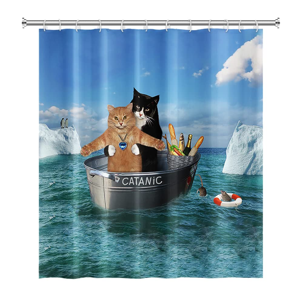 SDOTPMT 122x183cm Cute Cat Shower Curtain Funny Pet Kitty Couple Cosplay Boat South Pole Penguin Bath Curtain Blue Ocean Bathtub Curtain for Kids