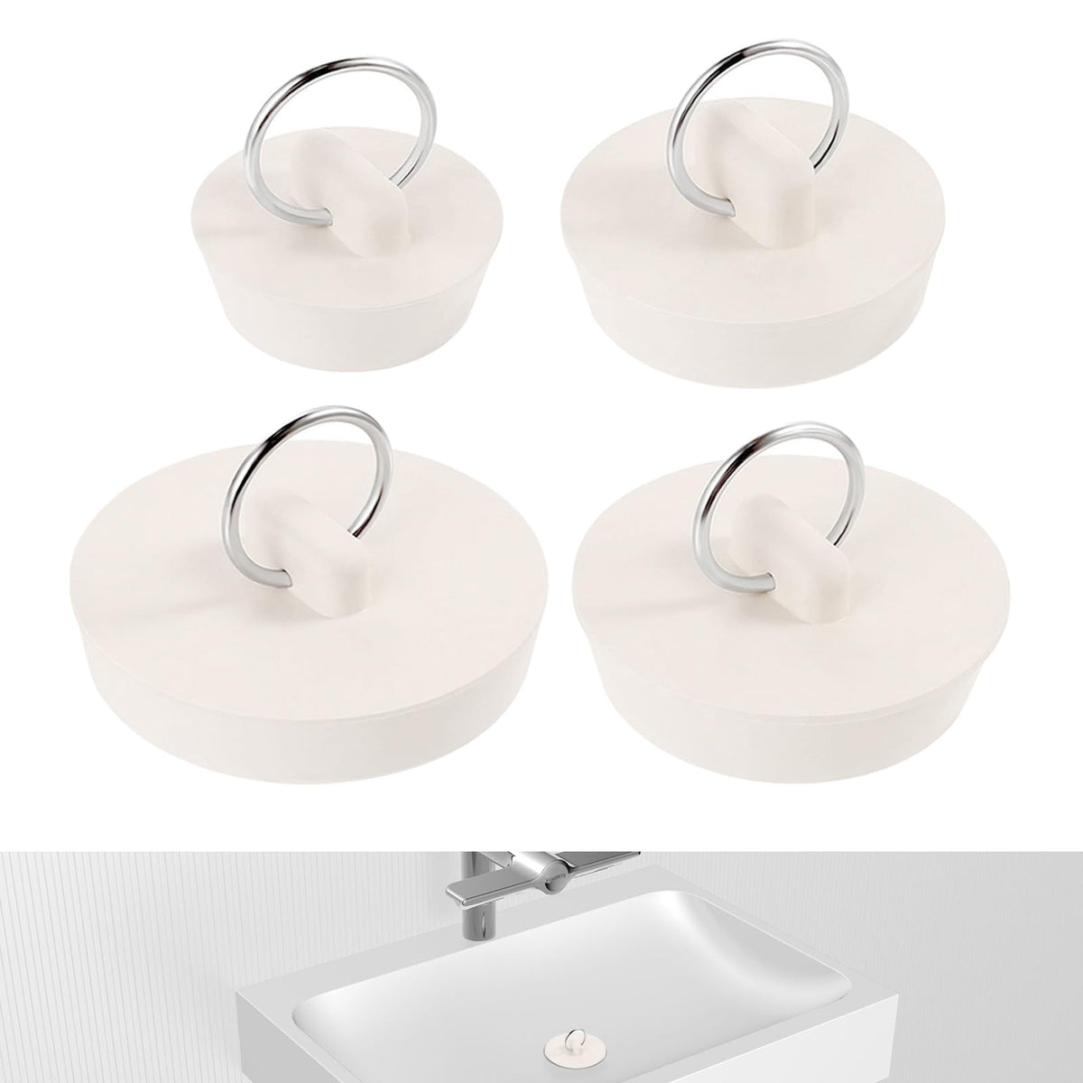 4 Universal Rubber Bath Plugs and Sink Plugs with Rings, Assorted Sizes
