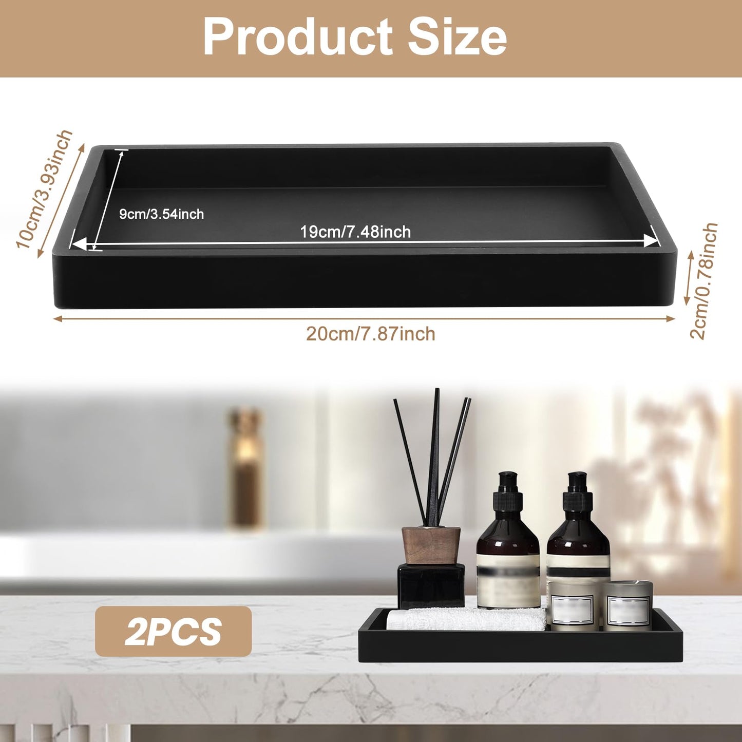 XIATIAN Bathroom Tray, 2 Pcs Bathroom Vanity Tray (Black, 20x10x2 cm)