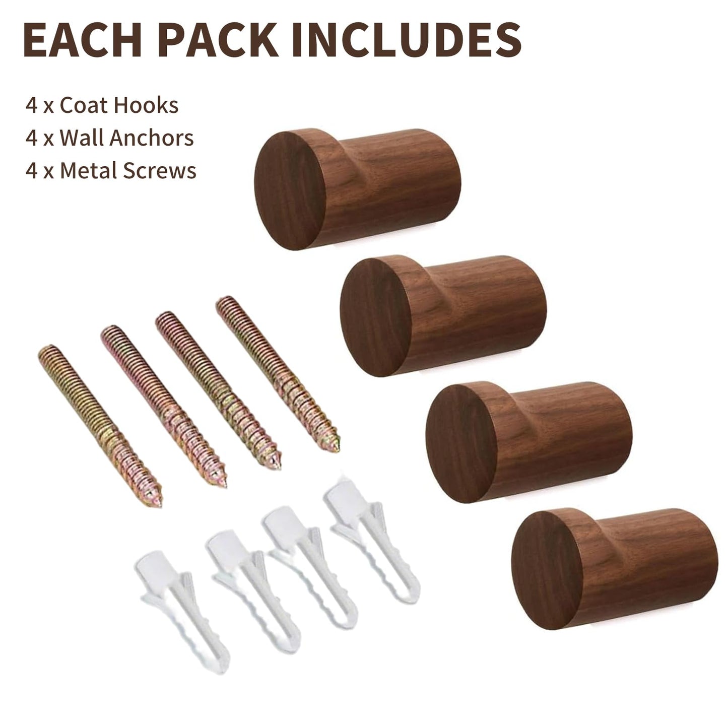 Rayakt 4PCS Wooden Coat Hooks Wall Mounted, Natural Walnut Wood Wall Hooks, Door Hooks for Hanging for Towels, Coats & Jackets