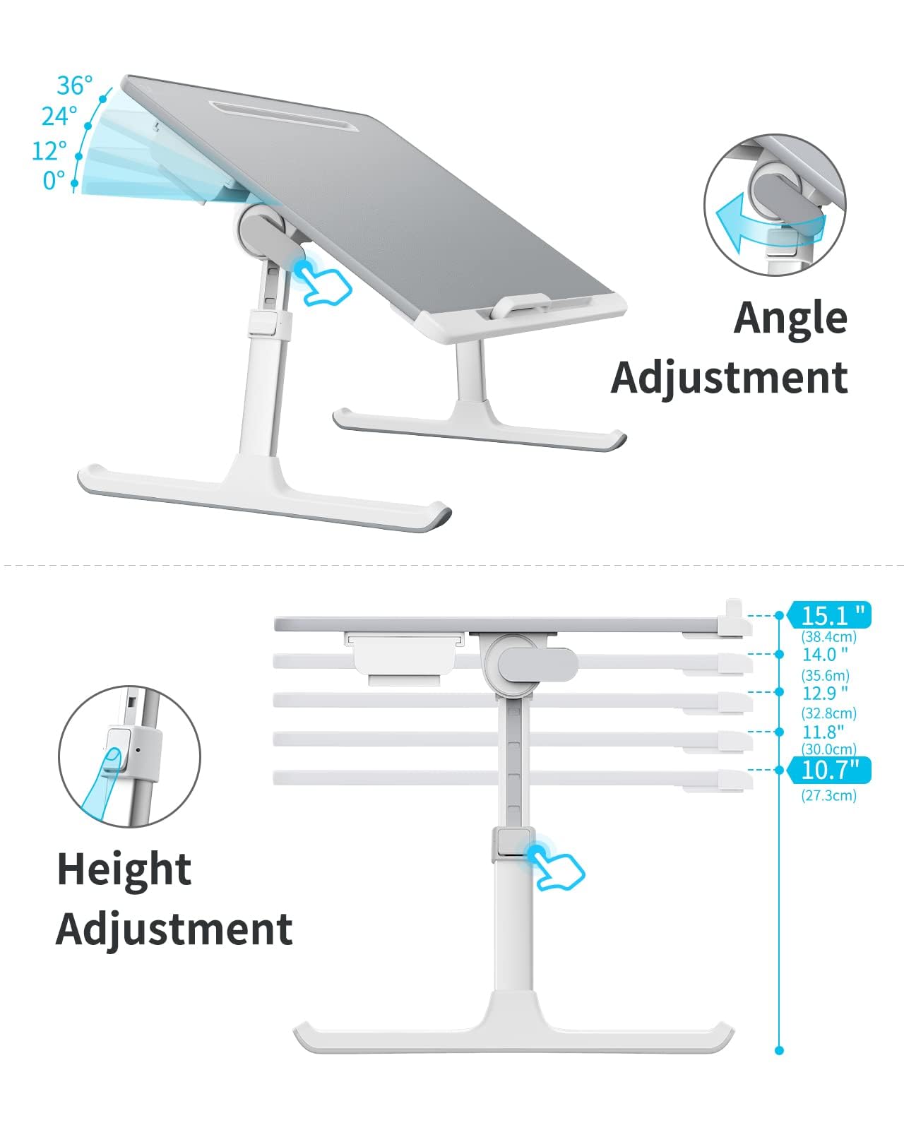 SAIJI Laptop Table, 60 x 50 cm Large Desktop, Multifunctional Bed Table, Height Angle Adjustable, with Book Stand, Drawer, Lap Stopper, Tablet Slot