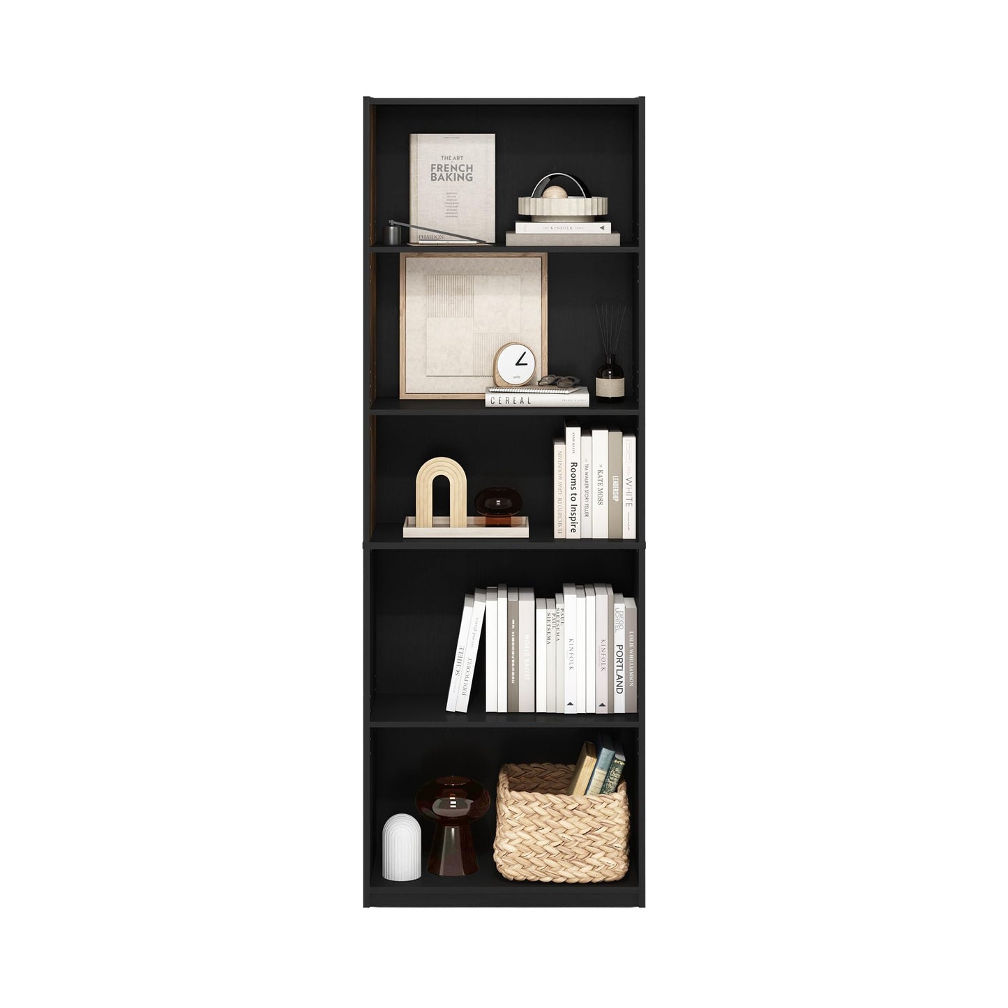 Furinno GEHRY Book Shelf, 5-Tier Bookshelf, Bookcase with Adjustable Shelves, 11.6 x 24.8 x 71.4, for Living Room, Bedroom, Home Office, Blackwood
