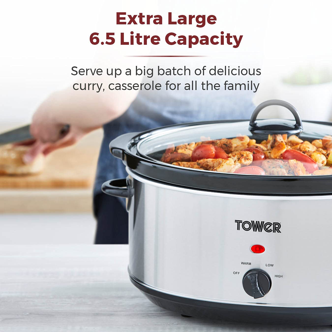 Tower T16040Y Slow Cooker with 3 Heat Settings and Removable Dishwasher Safe Crock Pot, 6.5 Litre, 300W, Stainless Steel