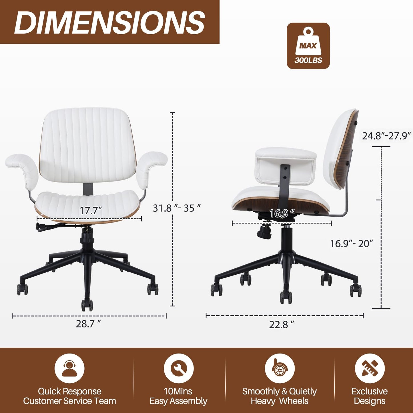 PELLEBAR Home Office Desk Chair, Mid-Century Executive PU Leather Chair with Padded Armrests, 360° Swivel Ergonomic Task Chair,Adjustable Height