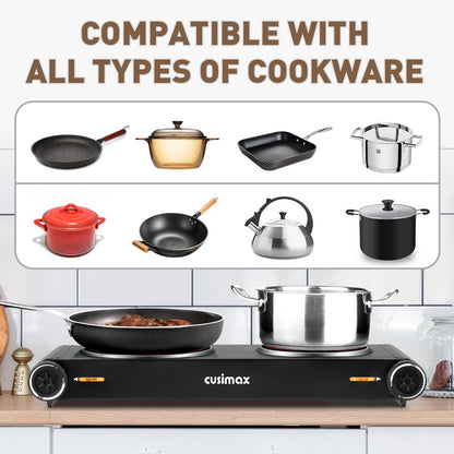 CUSIMAX Double Hobs with Concealed Handle, 2400W Electric Hob, Hot Plate for Cooking Portable Infrared Cooktop, Camping Hob, Dual Temperature