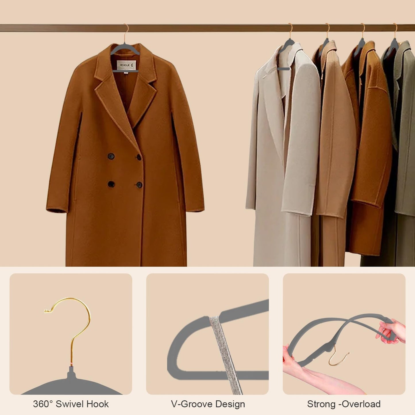 Wellong 36 Packs Velvet Clothes Hangers, 45cm Non-Slip Skirt and Dress Hangers With Shoulder Notches - Space Saving, Sturdy, Grey With Gold Hook
