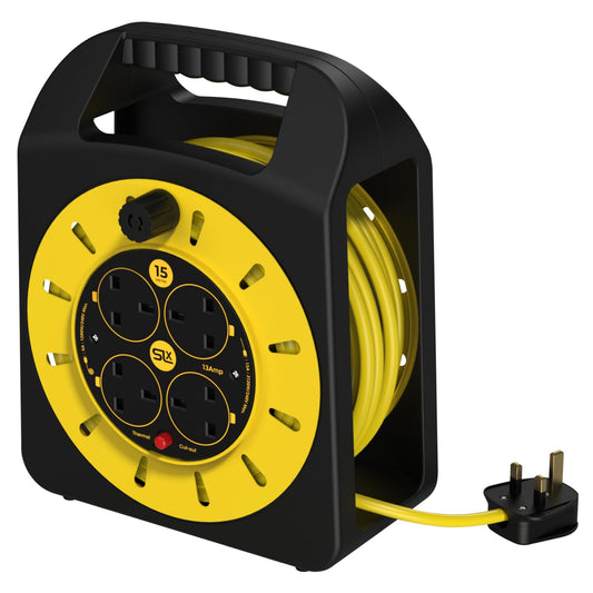 SLx Extension Lead 15m 4 Socket Extension Reel, Heavy Duty Extension Cable Thermal Cut Out Extension Lead for Garden Lawn Mower Office 13A Fused UK