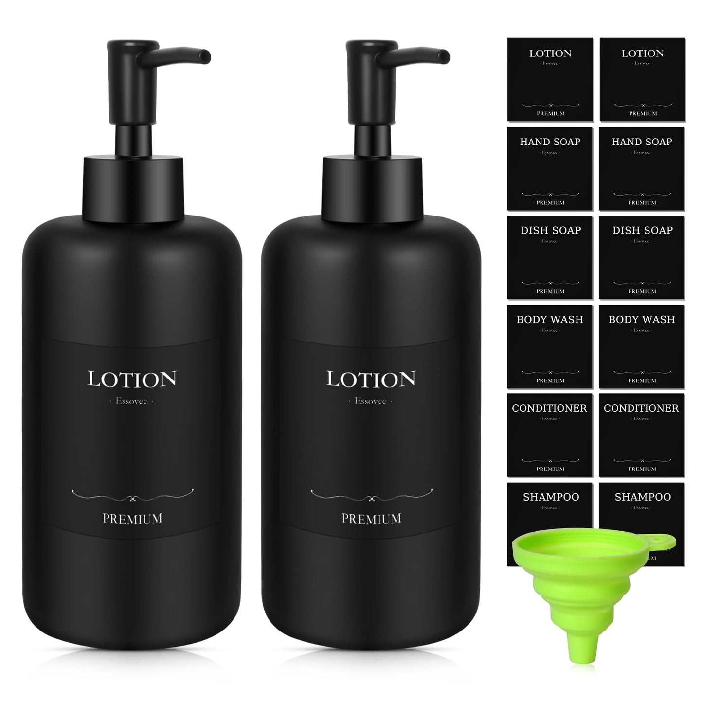 Essovee Matte Black Soap Dispenser Set with Waterproof Labels, Bathroom Soap Dispenser, Dishwashing Liquid Dispenser