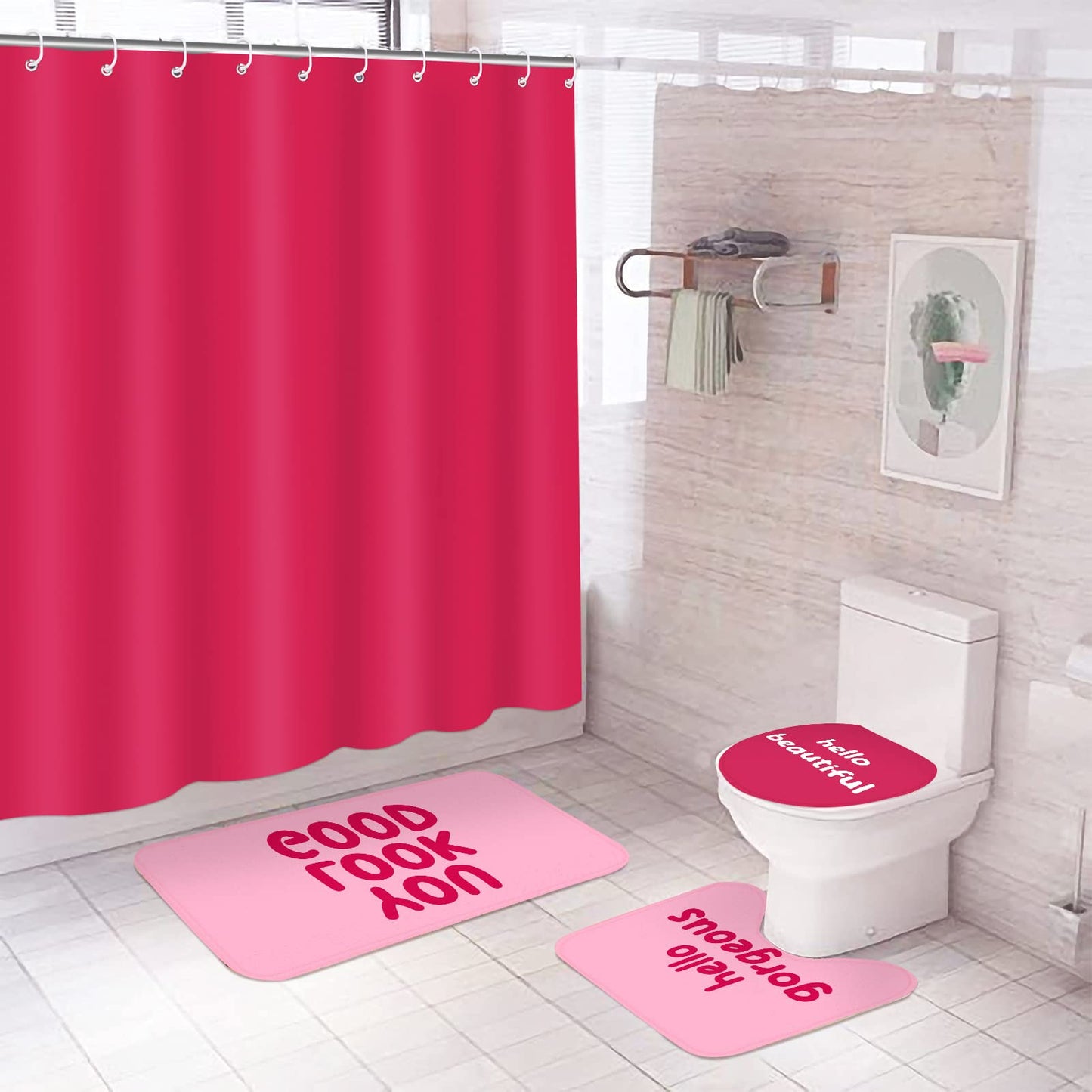 4 Pcs Shower Curtain Sets with Rugs Pink Preppy Bathroom Sets with Shower Curtain and Rugs Non Slip Bath Mat U Shaped Contour Toilet Lid Cover