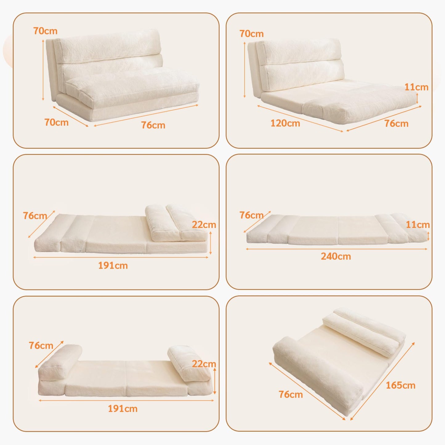 MAXYOYO Bean Bag Bed Folding Sofa Bed Mattress for Adults, Extra Thick 6 Fold Floor Couch for Bedroom Living Room, Beige, 75x240 cm