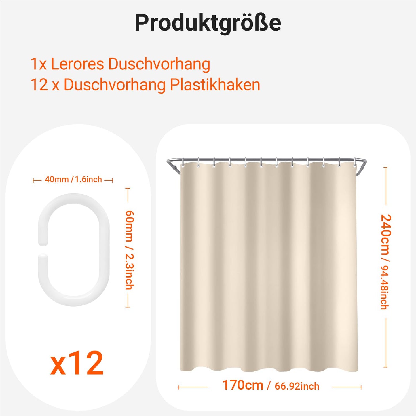 Lerores Shower Curtain, 170 x 240 cm, Beige, Weighted Hem, Anti-Mould Textile, Water-Repellent, Washable Polyester Fabric Bath Curtains for Bathroom
