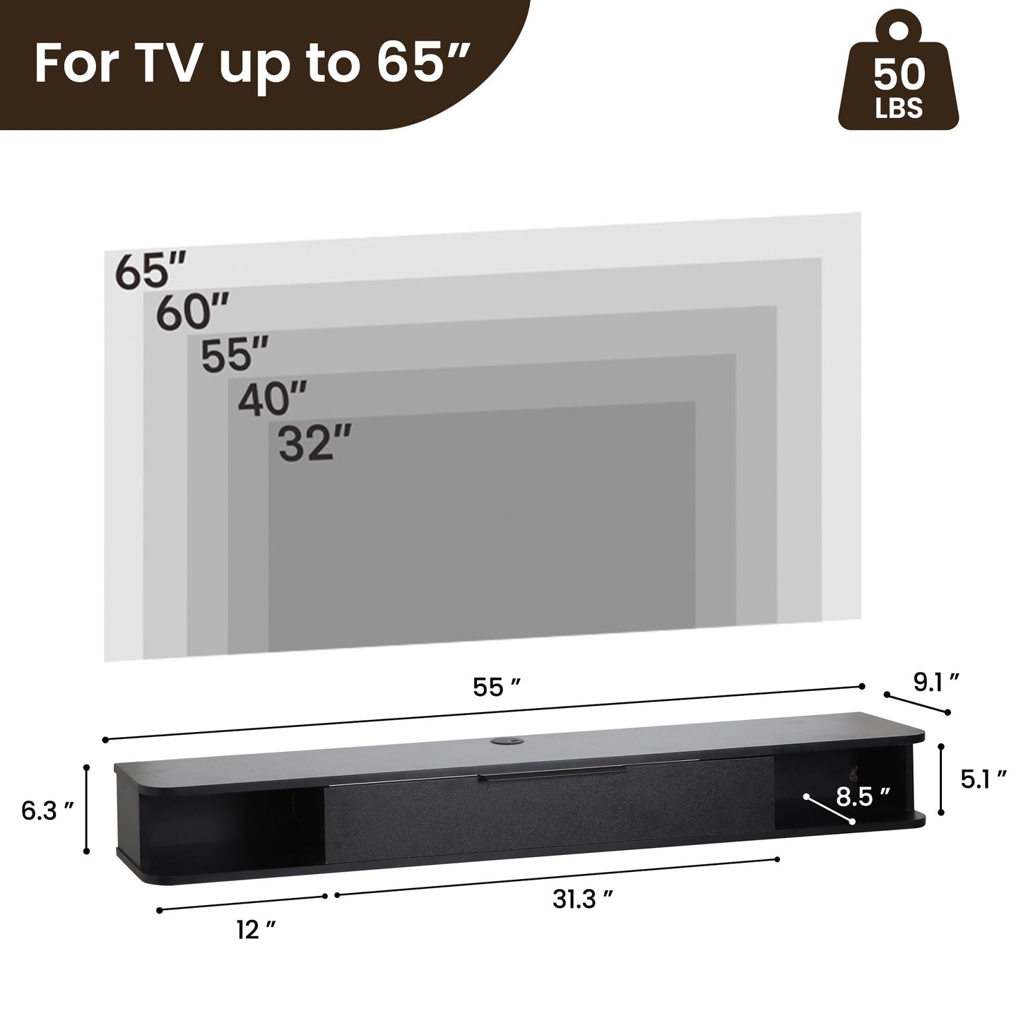 Mordchil EU Wall-mounted TV Cabinet Stand, 140cm Floating Media Console Under TV, Entertainment Shelf Center for Bedroom and Living Room, Black