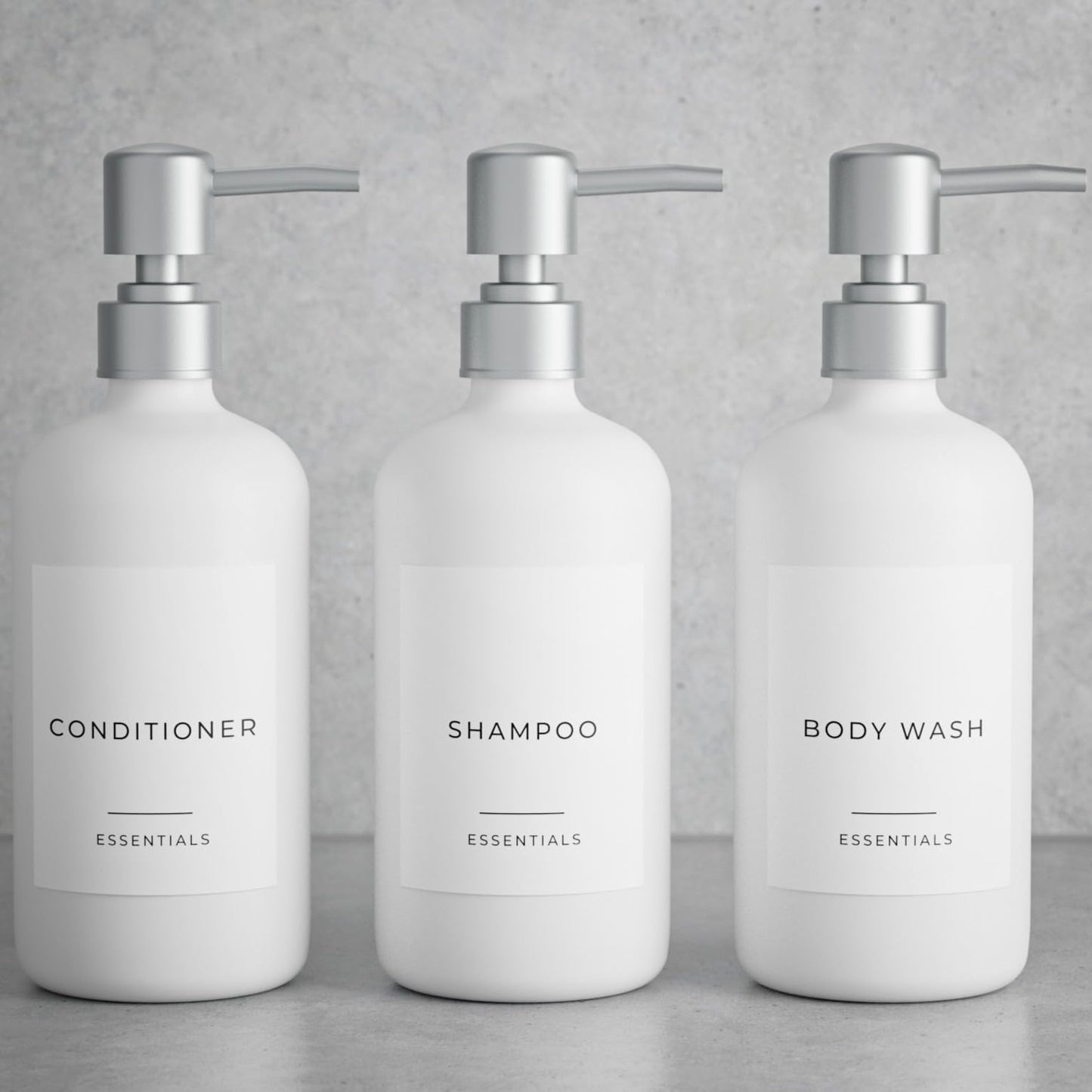 KIBAGA Stylish Shampoo and Conditioner Dispenser Set of 3-21oz Shower Soap Bottles with Pump Labels Easy to Refill Body Wash Dispensers for an Instant