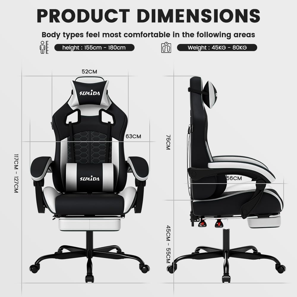 SUKIDA Ergonomic Gaming Chair for Adult, Comfortable Desk Chair with Massage, Comfy Headrest and Lumbar Support Pc Office chairs with Footrest