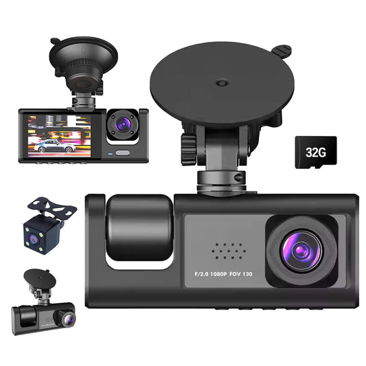 3 Channel 1080P Dash Cam with APP Control, 5GHz WiFi, Card Included 32GB SD, 170? Wide Angle, Loop Recording, G-Sensor, 24H Parking Mode