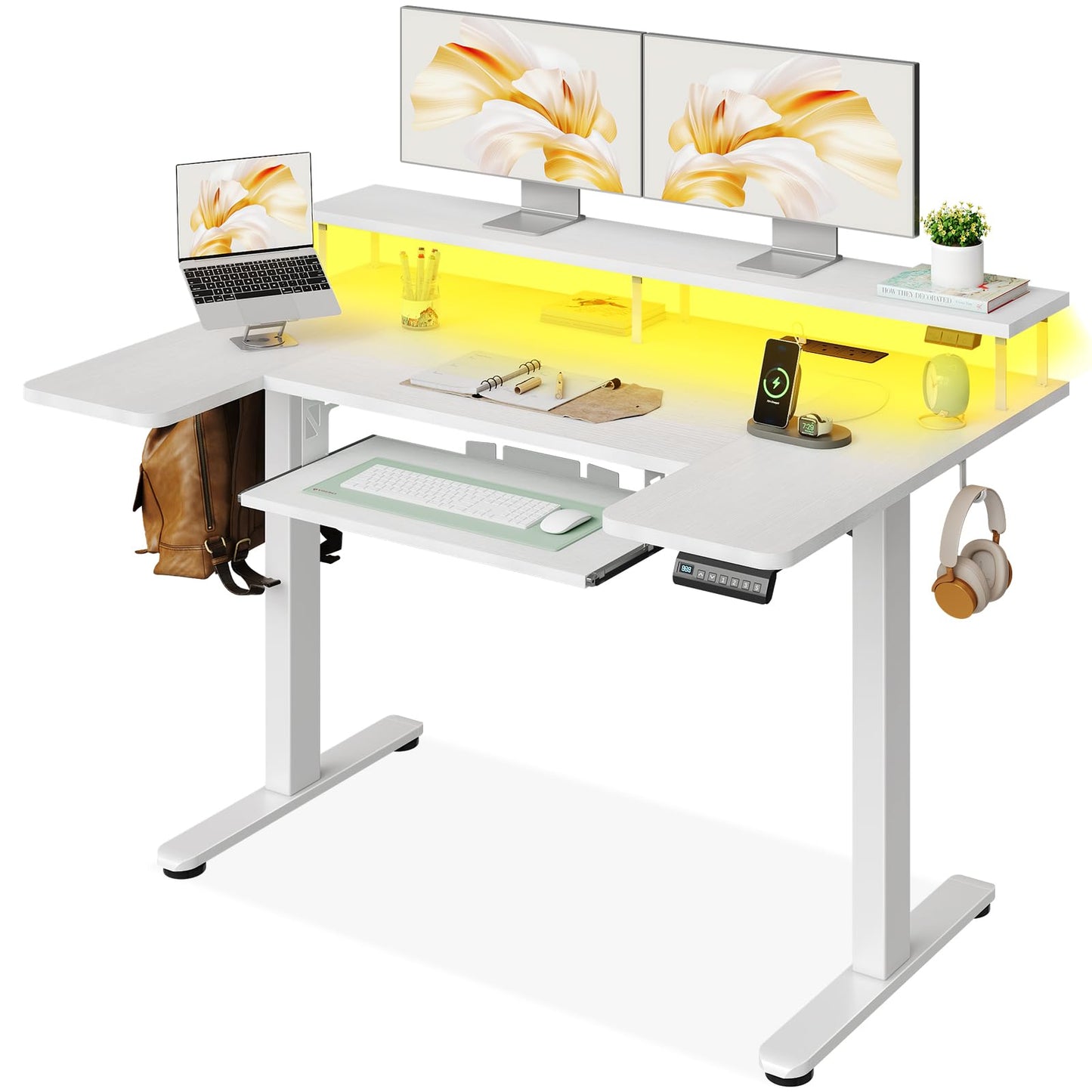 OffiGo Standing Desk, 120cm U Shaped Desk with LED Lights & Power Outlets