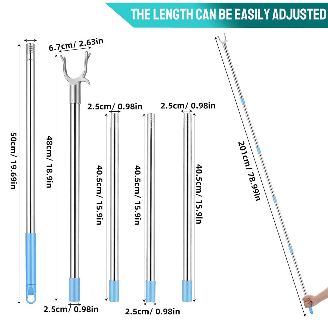 PRETYZOOM Adjustable Clothes Pole Telescoping Reach Stick Detachable Clothes Drying Rod for Wardrobe and High Reach Clotheslines Sky-Blue