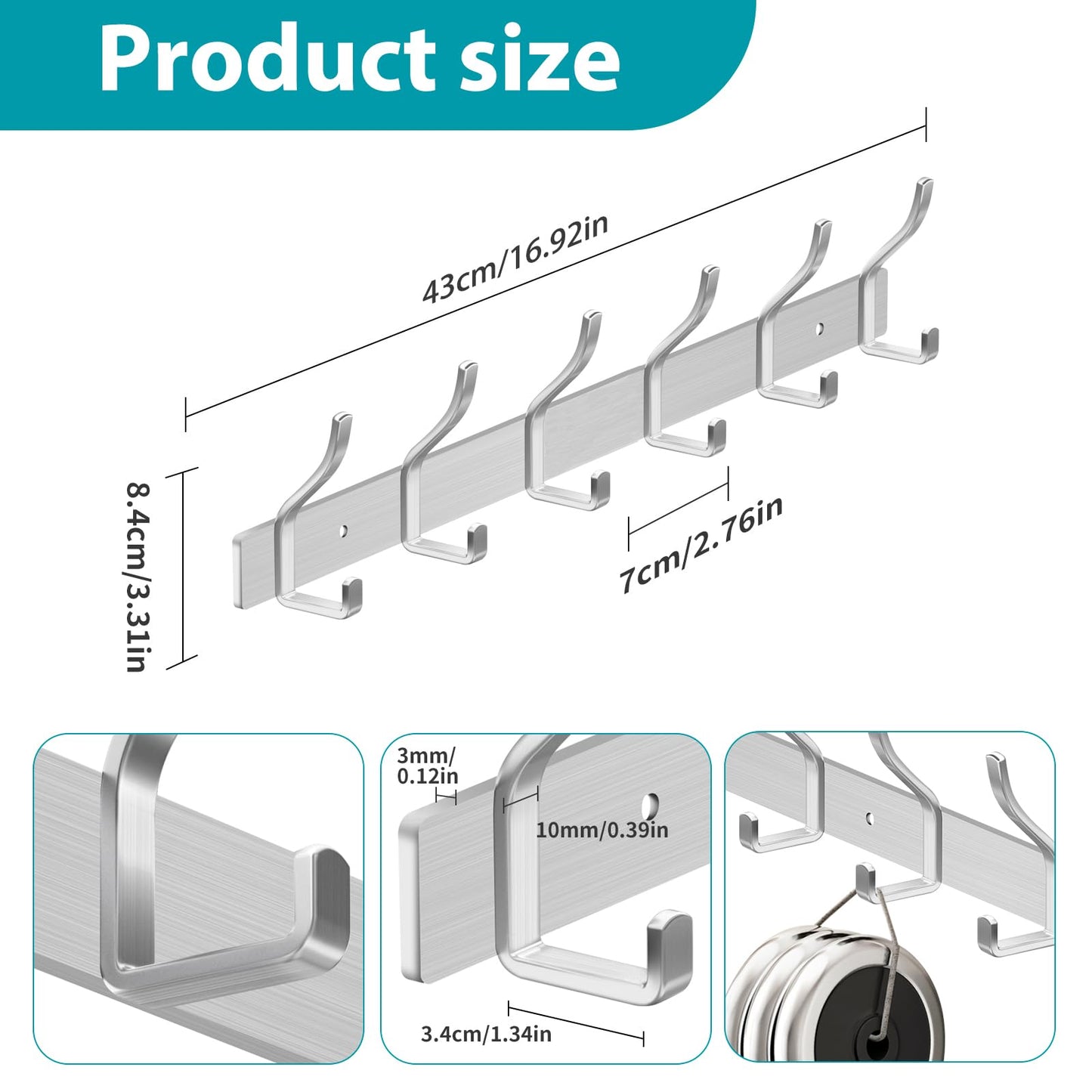 MEIJO Coat Hooks Wall Mounted Stainless Steel, Silver Coat Rack Wall Mounted with 6 Hooks Heavy Duty Coat Hooks for Door, Bathroom, Bedroom, Kitchen