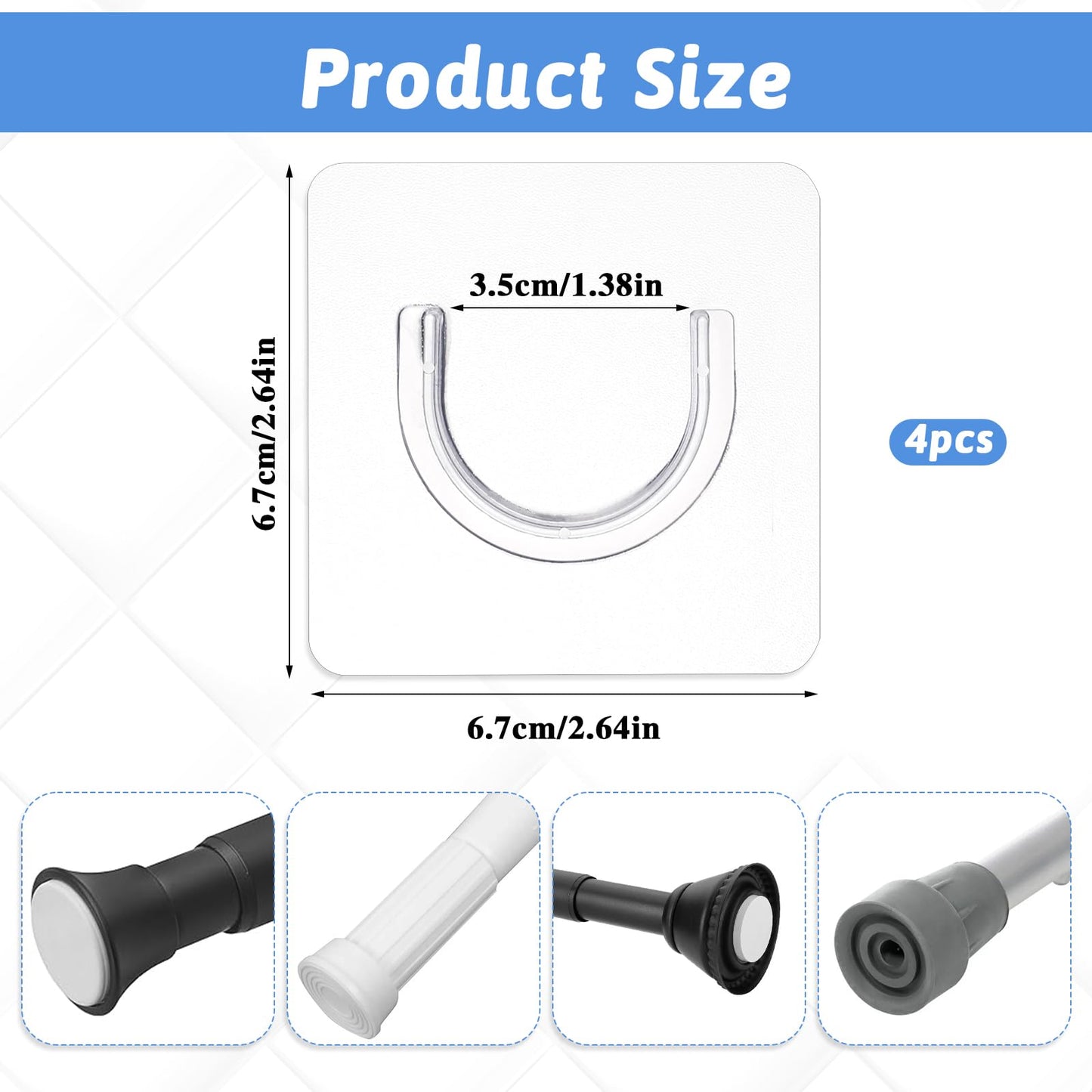 Molain 4Pcs Adhesive Shower Curtain Rod Holder, No Drilling Transparent Shower Rod Holder Invisible Wall Mount Holder Shower Rod Retainer Tension