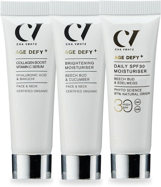 Green People Age Defy+ Timeless Glow Trio - AHA Radiance Mask, Collagen Boost Vitamin C Serum & Liquid Gold Tanning Drops Set