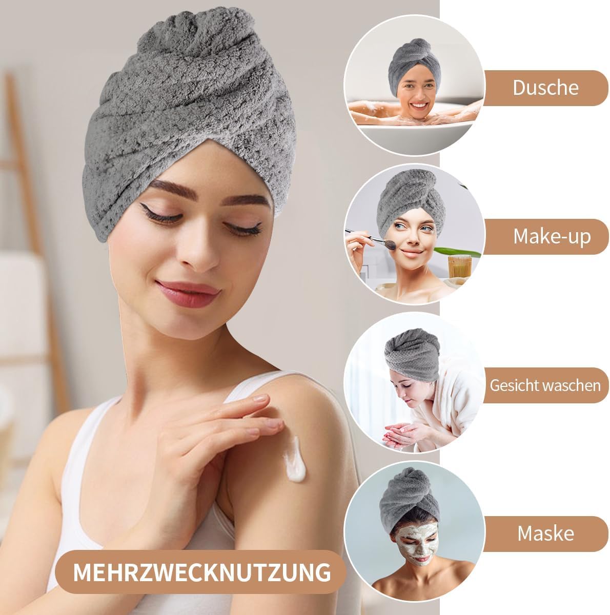 KinHwa Microfibre Hair Towels Wrap Super Absorbent 30x70cm Large Dry Hair Turban for Women Wet Long Thick Hair 2 Pack (Pink+Grey)