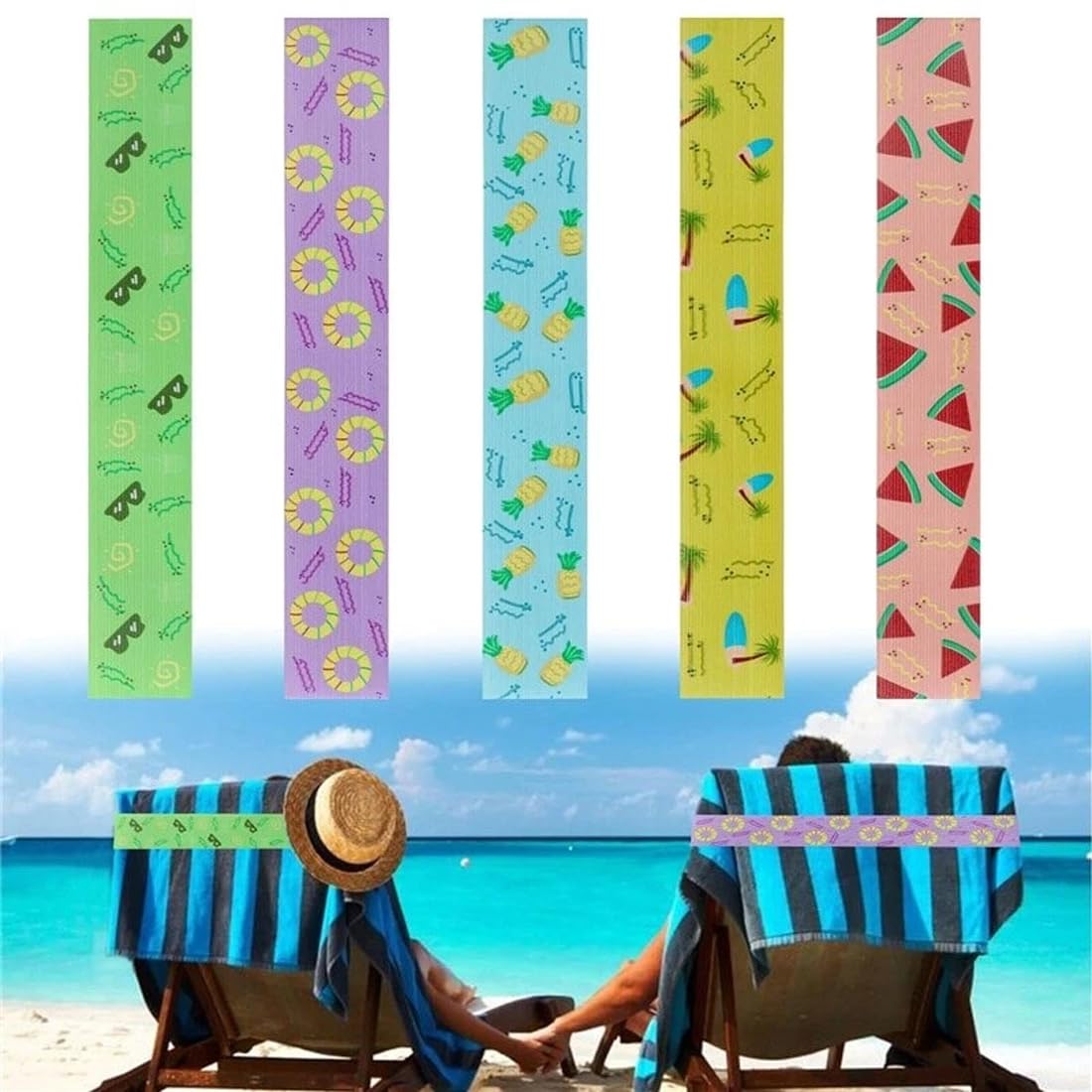 FiTspi 5Pcs Beach Towel Bands for Sun Loungers, Elastic Band for Sunbed Towel, Fixed Beach Towel Holder Sunbed Straps Holders