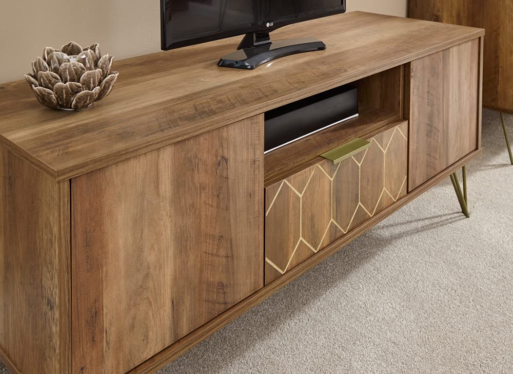 GFW Orleans Mango Effect TV Cabinet, 2 Door 1 Drawer TV Unit with Hairpin Legs, Media Storage Stand for TVs up to 50 Inch