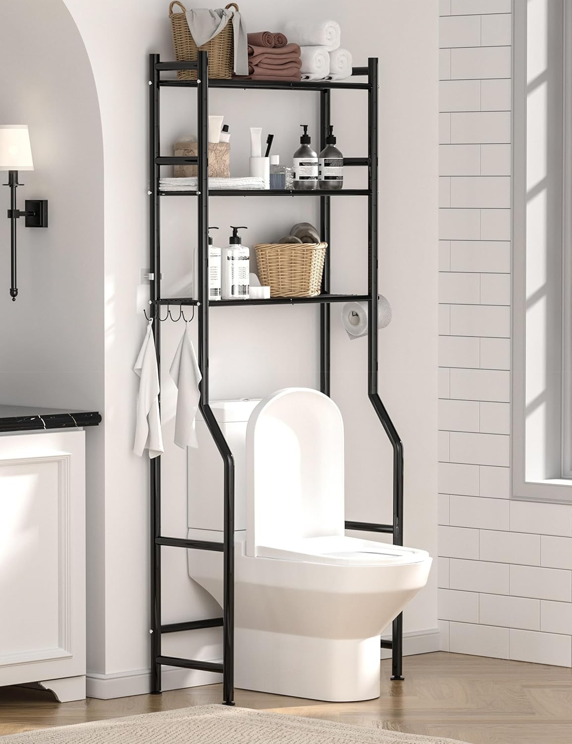 GloTika 3-Tier Over The Toilet Storage, Space Saver Metal Bathroom Shelves, Freestanding Above Over Toilet Storage Shelf with 4 Hooks for Bathroom