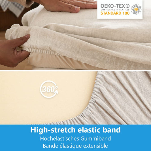 Simple&Opulence Fitted Sheet 35cm Deep Pocket-100% Pure Natural Linen Plain Mattress Protector Bed Sheet-(Linen,King 150x200cm)