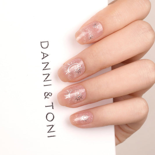 DANNI & TONI Semi Cured Nail Strips,Star&Sun Silver Stamping Soft Self-Adhesive Gel Nail Stickers,Cat Eye Salon-Quality Gel Nail Polish Strips