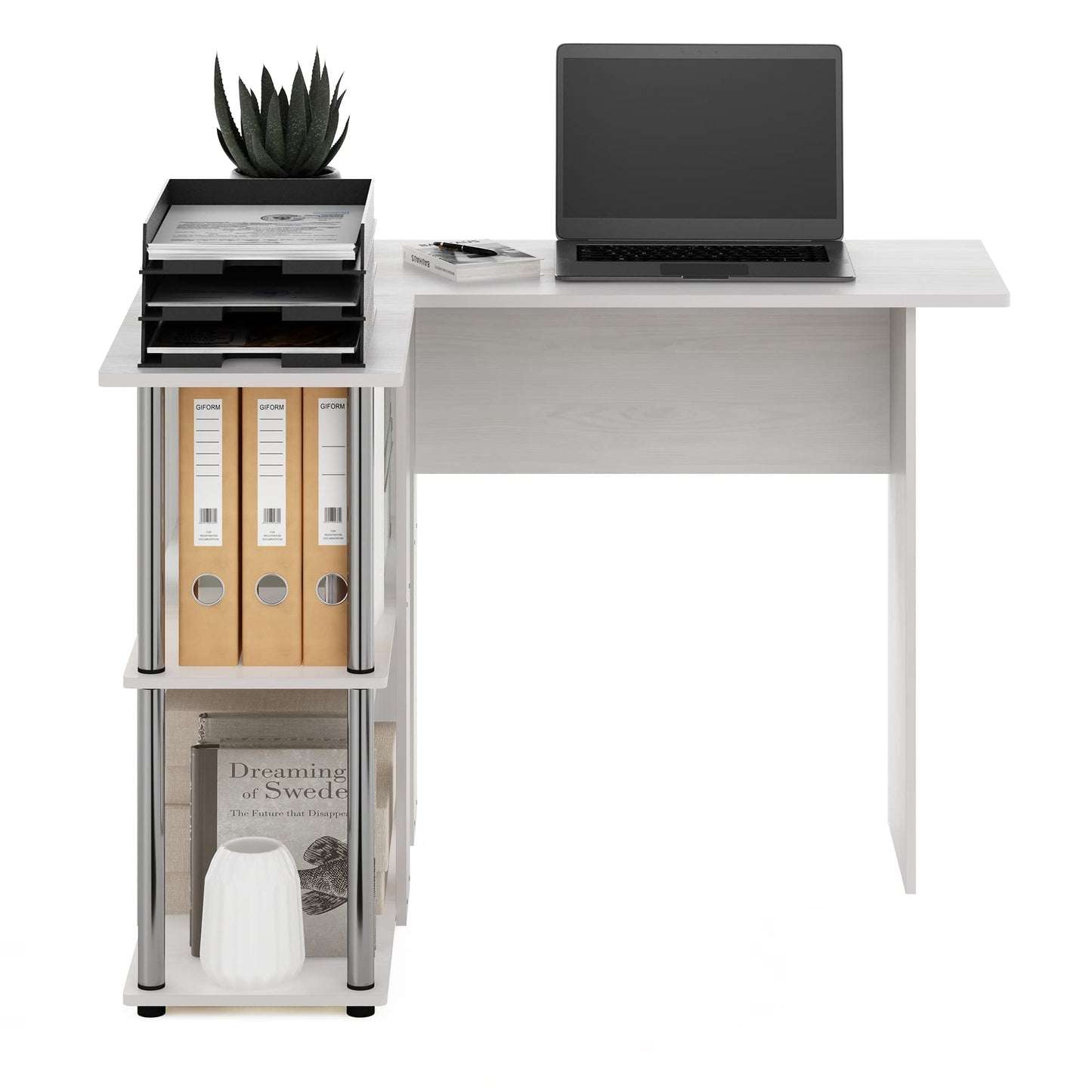 Furinno L-Shape Desk with Bookshelf, Engineered Wood, White Oak/Chrome, 104.5 (W) x 73.51 (H) x 87.5 (D) cm