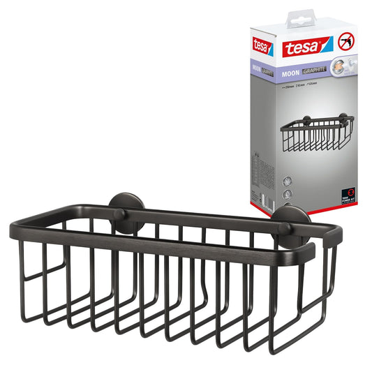 tesa MOON self-adhesive shower caddy in brushed graphite - single tier and extra deep - shower shelf made of PVD-coated metal - drill-free, with