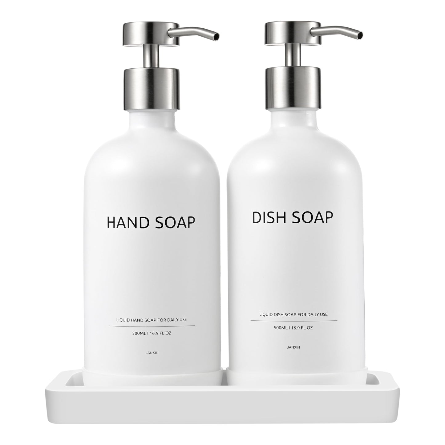 Janxin 2pcs Refillable Liquid Hand Jar Dispenser for Bathroom, Glass Soap Dispenser Bottle with Pump, 500ML, With Ceramic Tray
