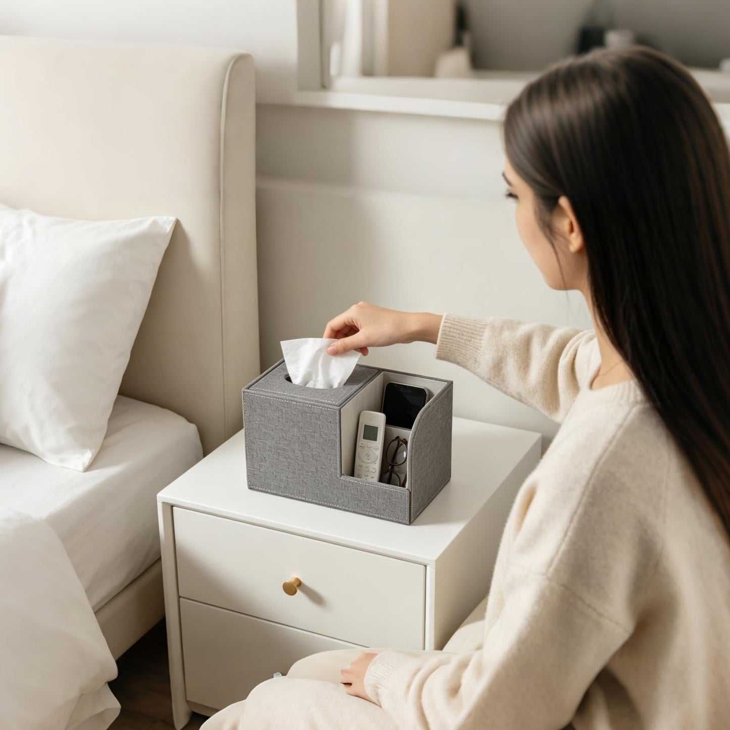 XNONE PU Leather Square Tissue Box Cover-Multi-Functional Tissue Box Holder, Tissue Box Cover with Storage,Tissue and Remote Control Holder,Cube