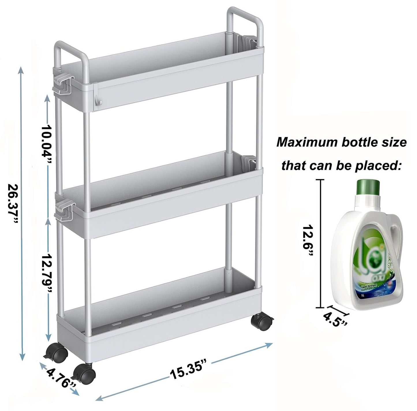 SOLEJAZZ 3-Tier Storage Trolley Cart Slide-out Slim Rolling Utility Cart Mobile Storage Shelving Organizer for Kitchen, Bathroom, Laundry Room