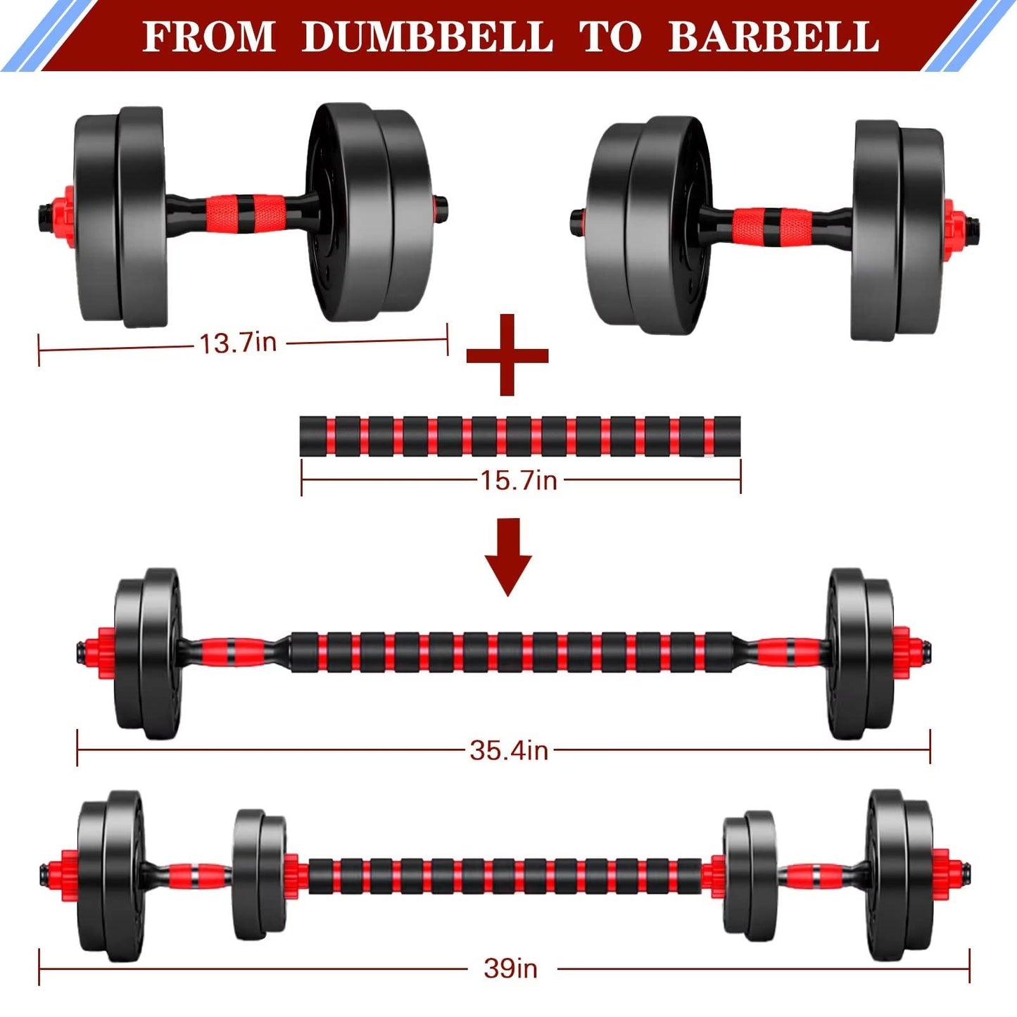 BCBIG Adjustable Dumbbell Set, 10kg, Red, PVC + Iron Sand, Home Fitness, Gym, Back Strength Training