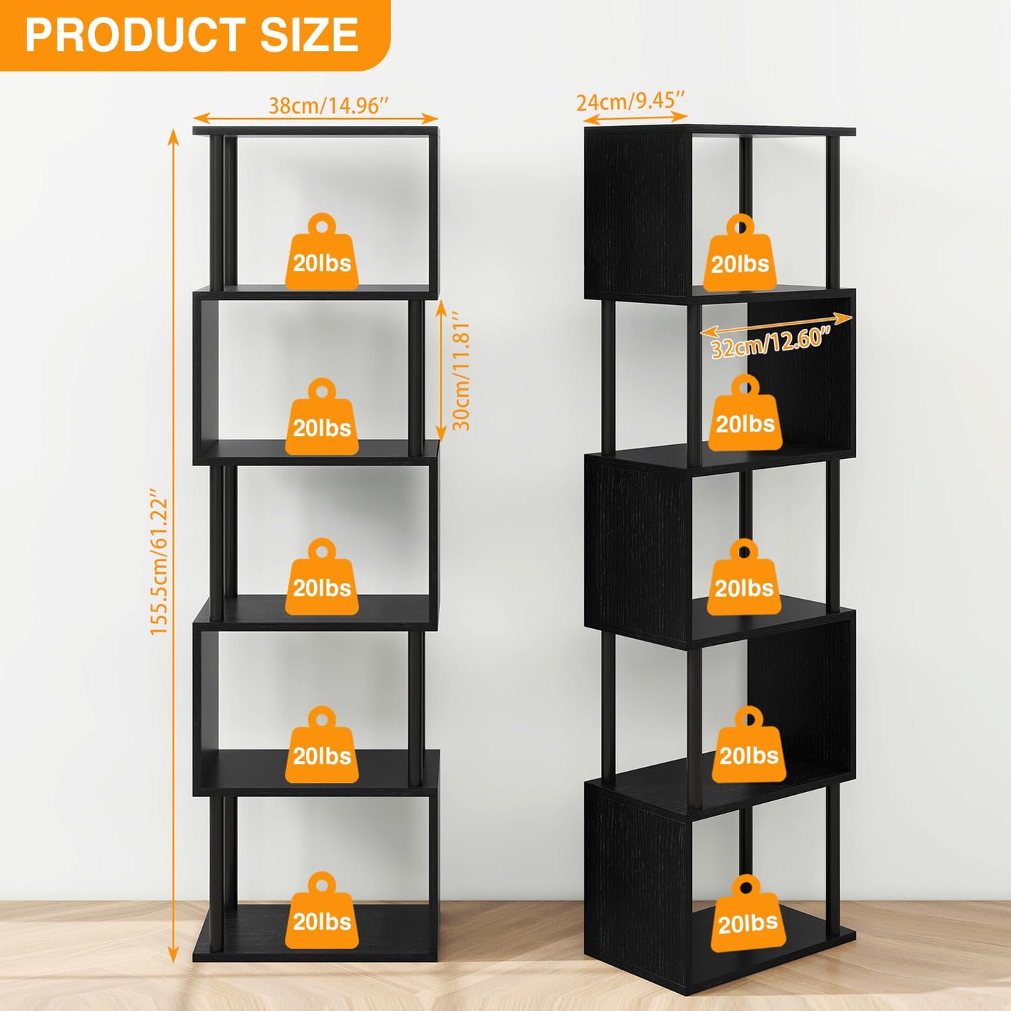 IBUYKE 6-Tier Tall Bookshelf,S-Shaped Geometric Bookcase,Black WBC016B