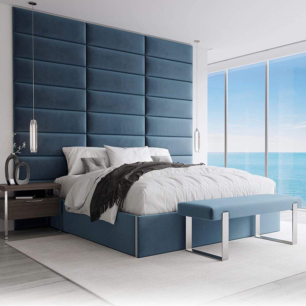 VANT Upholstered Accent Wall Panels - Packs of 4 - Easy to Install - Twin-King Size Headboard 76cm Wide, Plush Velvet Peacock Blue