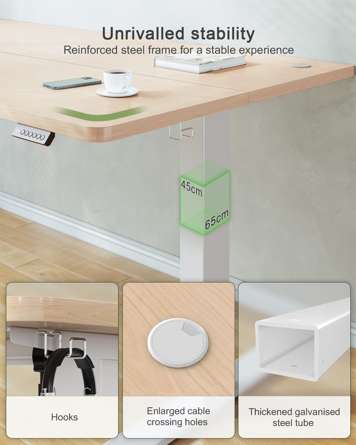 JUMMICO 100x60cm Electric Standing Desk with USB Charging Height Adjustable Desk with Sedentary Reminder Stand Up Desk with Splice Board for Home